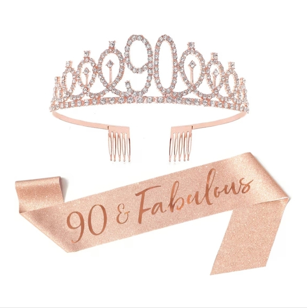 90th Birthday Sash & Glittering Rose Gold Tiara - NEW